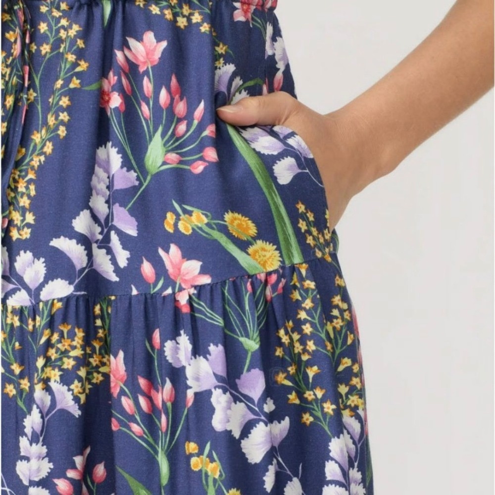 J.McLaughlin Silk Blend Floral Tiered Midi Dress Blue Ruffle Neck Pockets XL - Picture 4 of 12